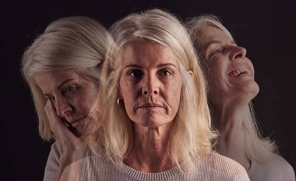 Senior woman, bipolar or mental health for depression, psychology or mood swings. Mature female, de.